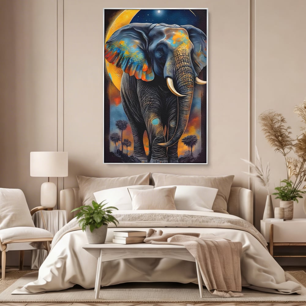 Tablou canvas cu tablou canvas cu elefant colorat si luna, in rama de aluminiu argintiu, pe perete intr-un dormitor